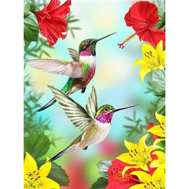 Pinturas con Diamantes Picaflores (30x40) - Pintura Diamante Cuadrado - ALAS, arte diamante, aves, COLIBRI, Colorido, diamond painting, Flores, mostacilla cuadrada, NATURALEZA, PICAFLOR, pájaros 