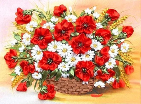 Arreglo Floral Blanco y Rojo (30x40) - Pintura Diamante Redondo