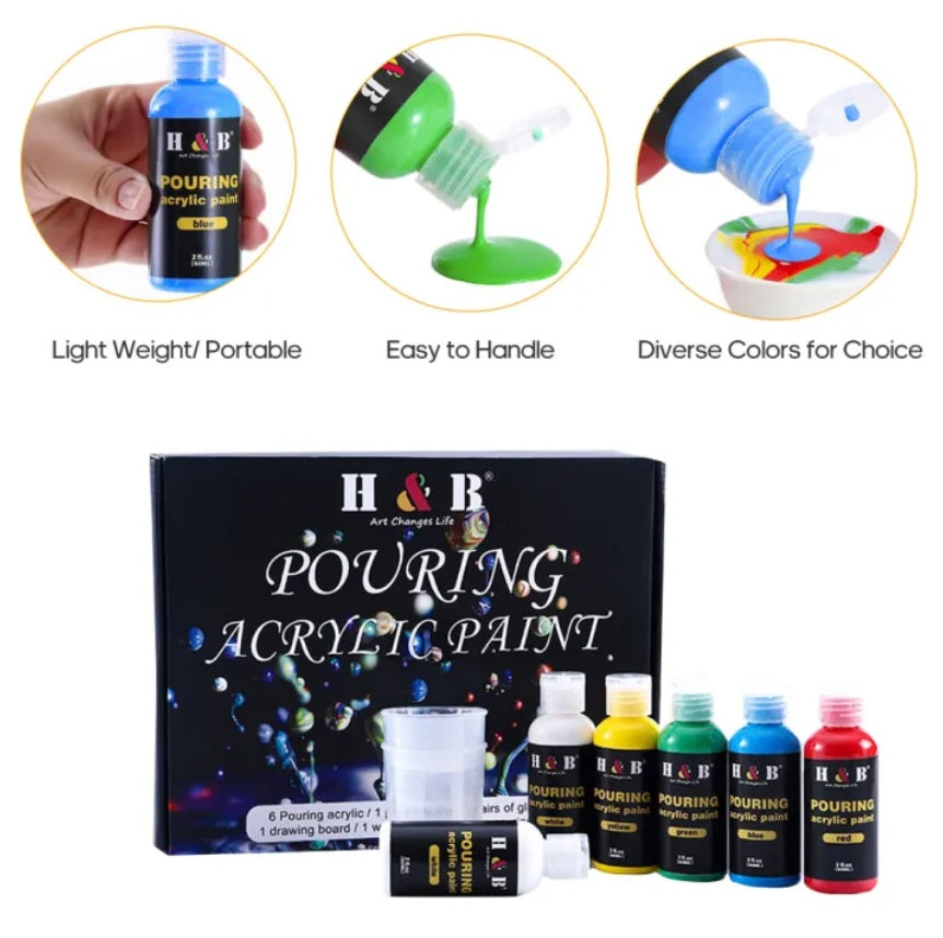 Kit Pouring Paint Pintura Acrílica (6 Botellas 60 ml, 13 Piezas)