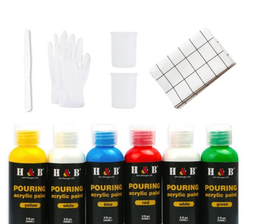 Kit Pouring Paint Pintura Acrílica (6 Botellas 60 ml, 13 Piezas)