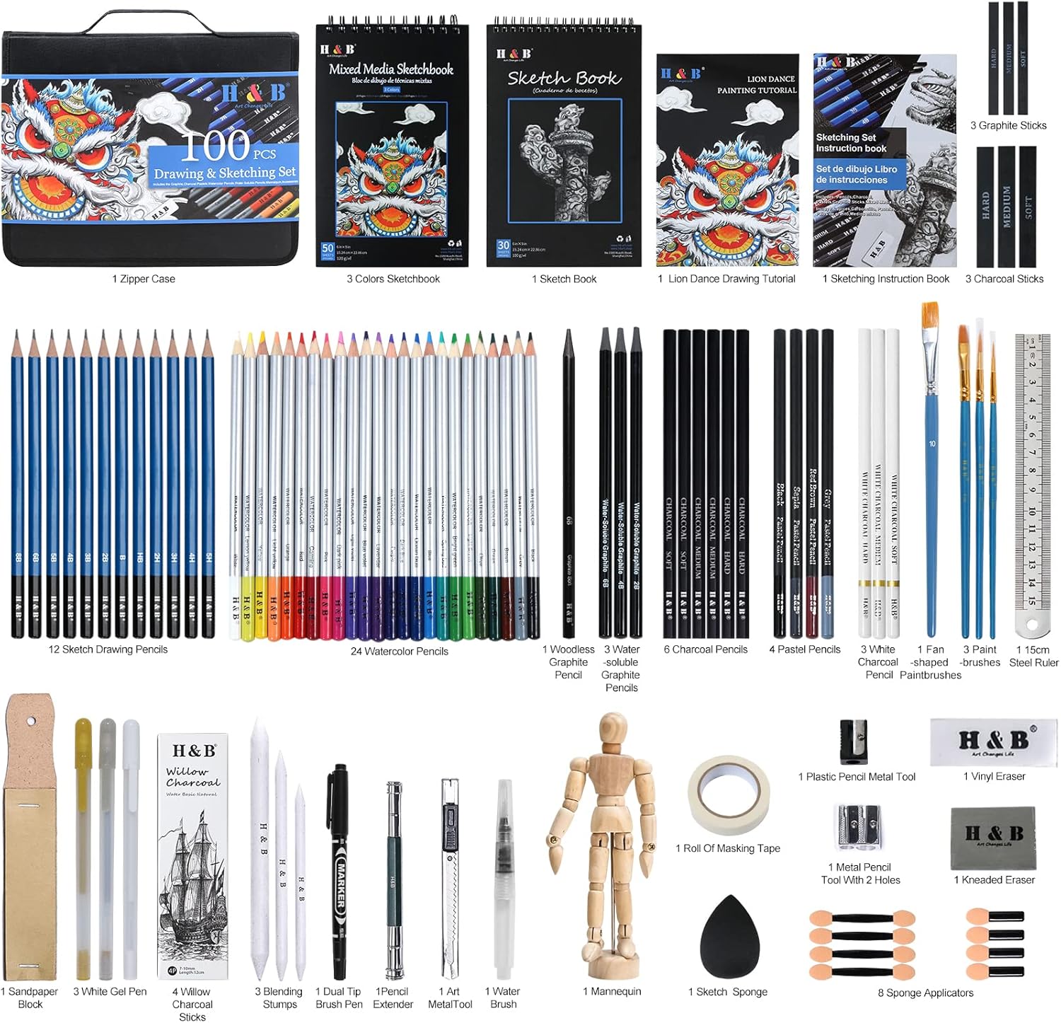 Set de Dibujo y Acuarela 100 Piezas H&B