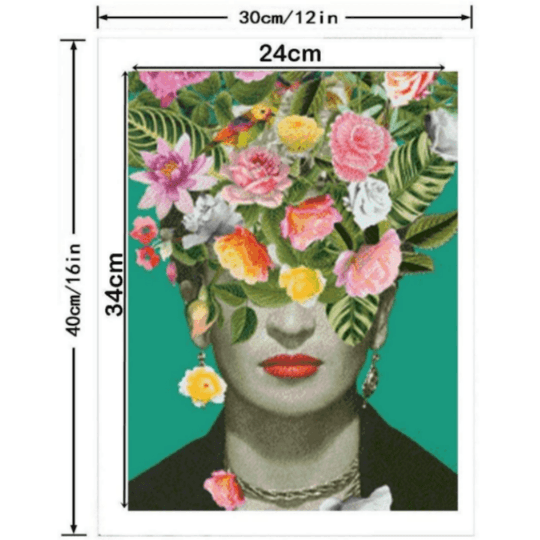 Pinturas con Diamantes Frida en Flores (30x40) - Pintura Diamante Redondo - arte, bordado diamante, diamante  cuadrado, diamond painting, flores, Frida, Frida Kahlo, mosaico diamante, mostacilla cuadrada, pintura diamante, pintura diamantes 