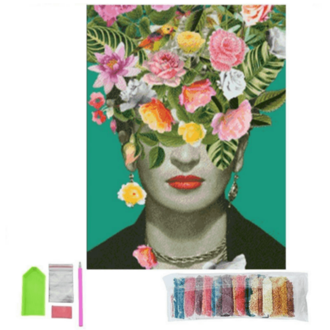 Pinturas con Diamantes Frida en Flores (30x40) - Pintura Diamante Redondo - arte, bordado diamante, diamante  cuadrado, diamond painting, flores, Frida, Frida Kahlo, mosaico diamante, mostacilla cuadrada, pintura diamante, pintura diamantes 