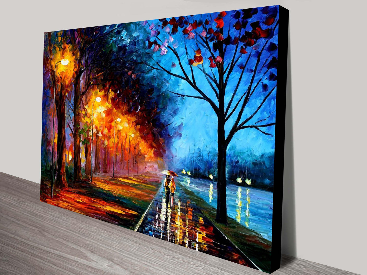 Pinturas con Números Callejón junto al Lago - Pintura Por Número (50x40) - alley by the lake, arboles, callejón junto al lago, caminata, lago, Leonid afremov, Moderno, pareja, paseo, Pintura con Número, pintura por números, rio 