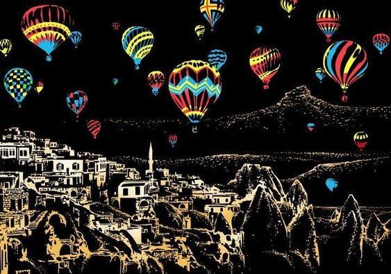Manualidades Pintura Scratch Cappadocia - aerostatico, capadocia, cappadocia, ciudades, globos, rascar, raspar, scratch, scratch art 