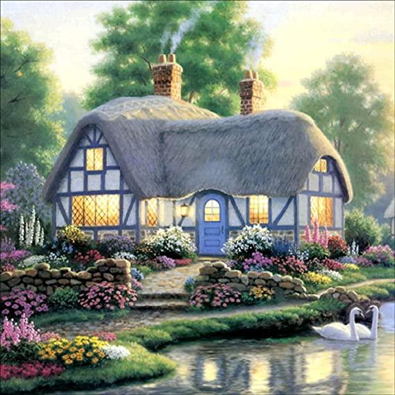 Pinturas con Diamantes Casa en lago (30x30) - Pintura Diamante Llenado Parcial - bordado diamante, casa, diamante  cuadrado, diamond painting, LAGO, llenado parcial, mosaico diamante, PAISAJE, pintura diamante 