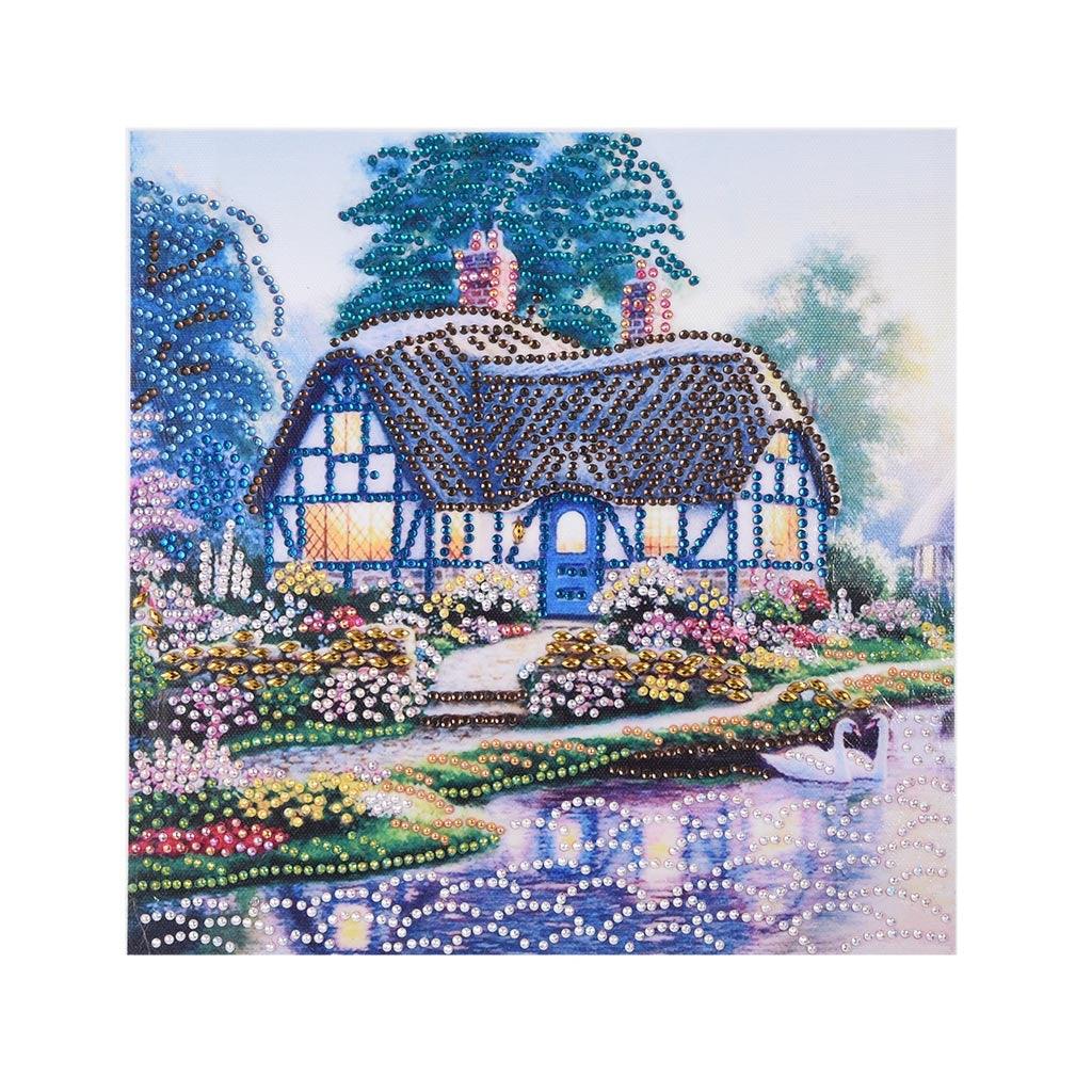 Pinturas con Diamantes Casa en lago (30x30) - Pintura Diamante Llenado Parcial - bordado diamante, casa, diamante  cuadrado, diamond painting, LAGO, llenado parcial, mosaico diamante, PAISAJE, pintura diamante 