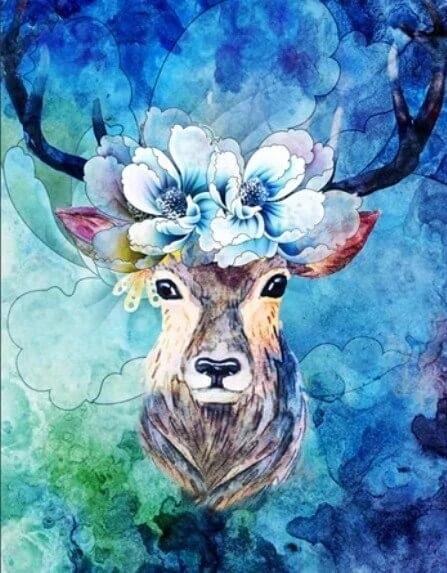 Pinturas con Diamantes Ciervo en Flor (30x40) - Pintura Diamante Cuadrado - Animales, bordado diamantes, CIERVO, diamond painting, Flores, mostacilla cuadrada, Niños, pintura diamantes, reno 