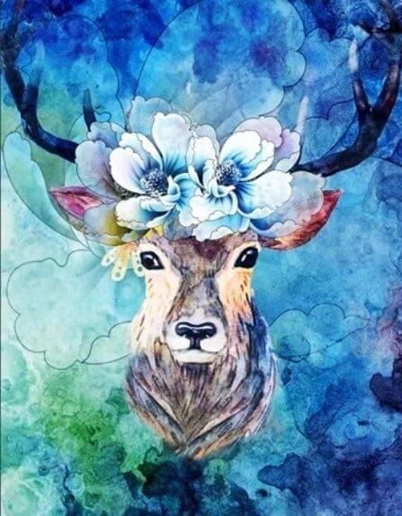 Pinturas con Diamantes Ciervo en Flor (50x70) - Pintura Diamante Cuadrado XL - Animales, bordado diamantes, CIERVO, diamond painting, Flores, mostacilla cuadrada, pintura diamantes, reno, xl 