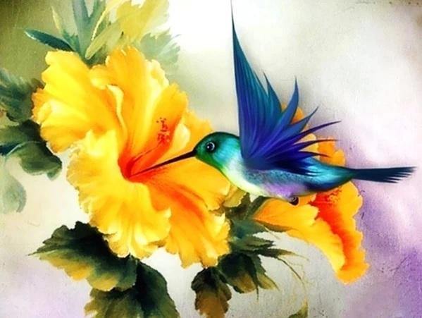 Pinturas con Diamantes Colibri (20x25) - Pintura Diamante Redondo - aves, COLIBRI, Colorido, diamond painting, Flores, mostacilla redonda, Pajaro, pintura con diamante 