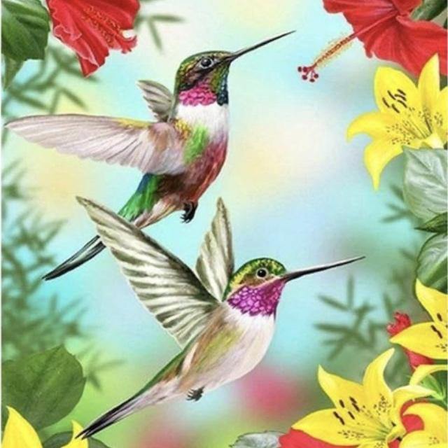 Pinturas con Diamantes Picaflores (30x40) - Pintura Diamante Cuadrado - ALAS, arte diamante, aves, COLIBRI, Colorido, diamond painting, Flores, mostacilla cuadrada, NATURALEZA, PICAFLOR, pájaros 