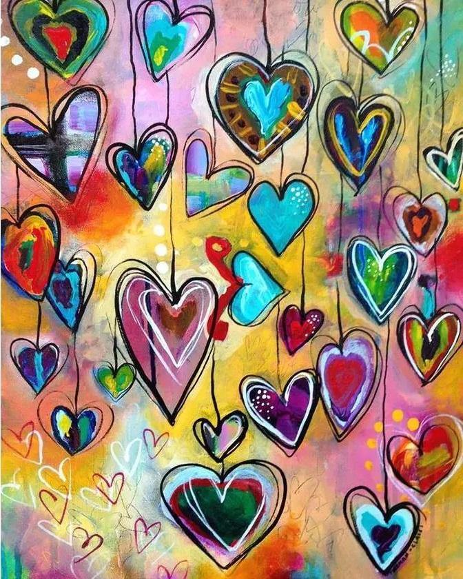 Pinturas con Diamantes Corazones Alegres (30x40) - Pintura Diamante Cuadrado - bordado diamante, corazones, diamond painting, Moderno, mosaico diamante, mostacilla cuadrada 