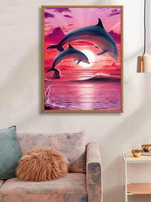Pinturas con Diamantes Delfín en Atardecer (20x25) - Pintura Diamante Redondo - Animales, ATARDECER, DELFIN, diamond painting, mostacilla redonda 