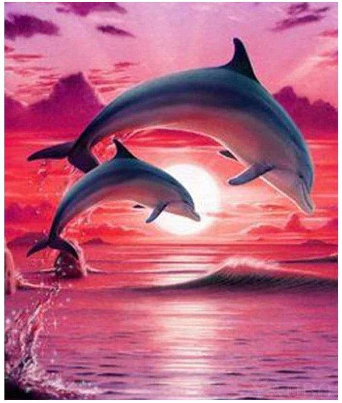 Pinturas con Diamantes Delfín en Atardecer (20x25) - Pintura Diamante Redondo - Animales, ATARDECER, DELFIN, diamond painting, mostacilla redonda 