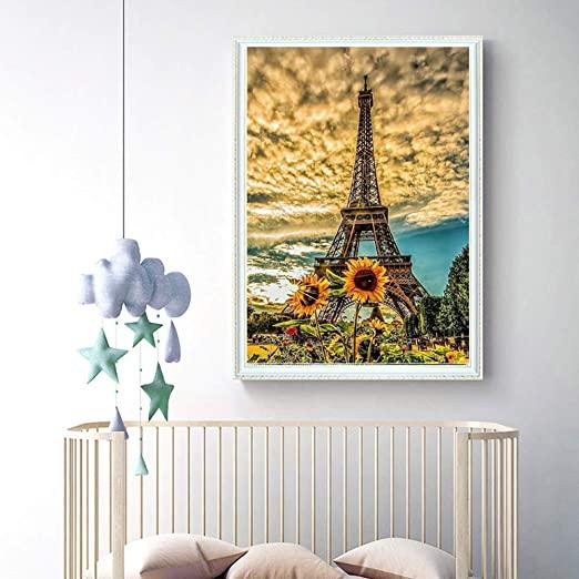 Pinturas con Diamantes El Girasol de la Torre Eiffel (30x40) - Pintura Diamante Cuadrado - atardecer, bordado diamante, Ciudades, diamante  cuadrado, diamond painting, eiffel, flores, girasol, mosaico diamante, mostacilla cuadrada, nubes, paris, pintura diamante 