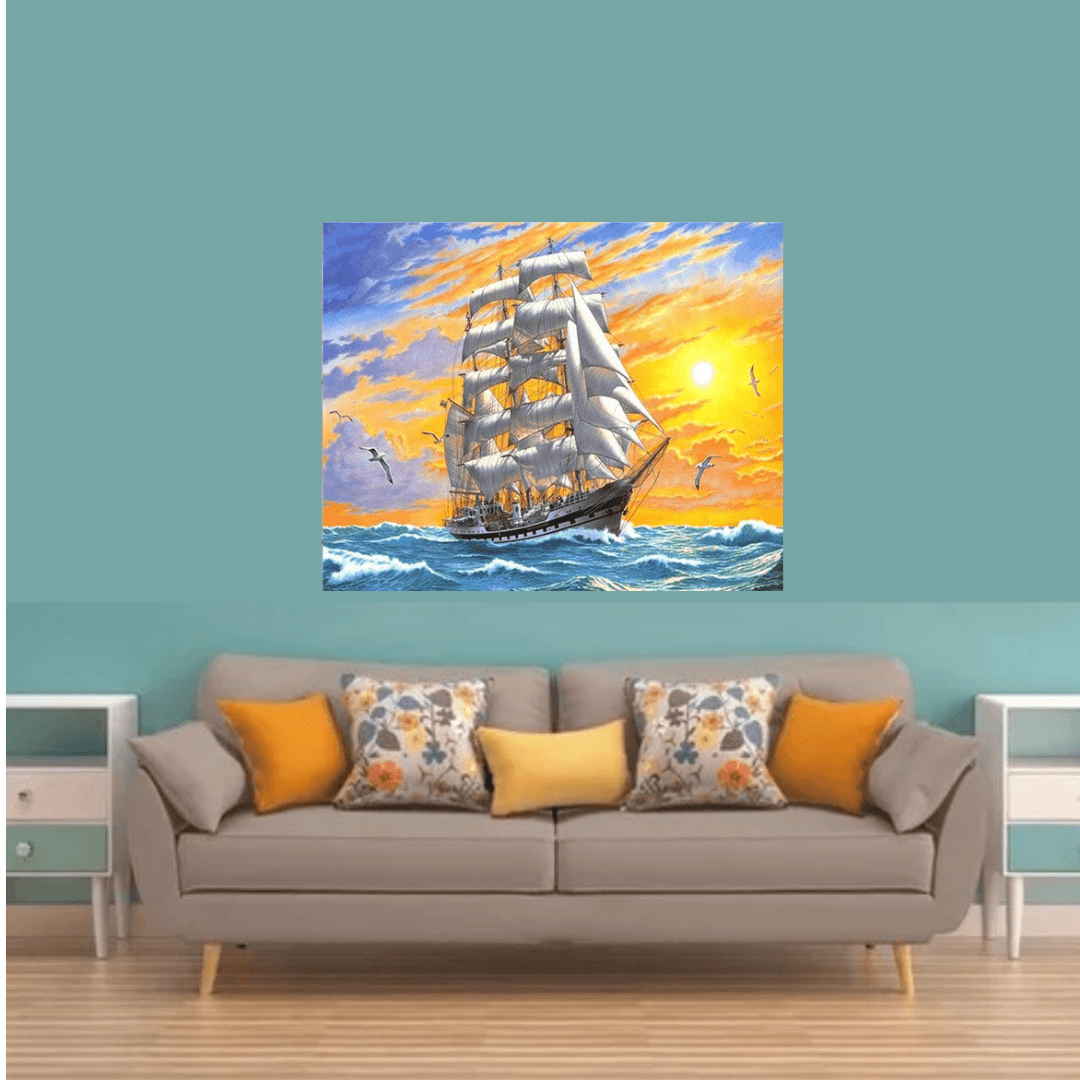 Pinturas con Diamantes El Barco (40x30) - Pintura Diamante Redonda - barco, bordado diamante, diamante  cuadrado, diamond painting, mar, mosaico diamante, mostacilla cuadrada, pintura diamante 