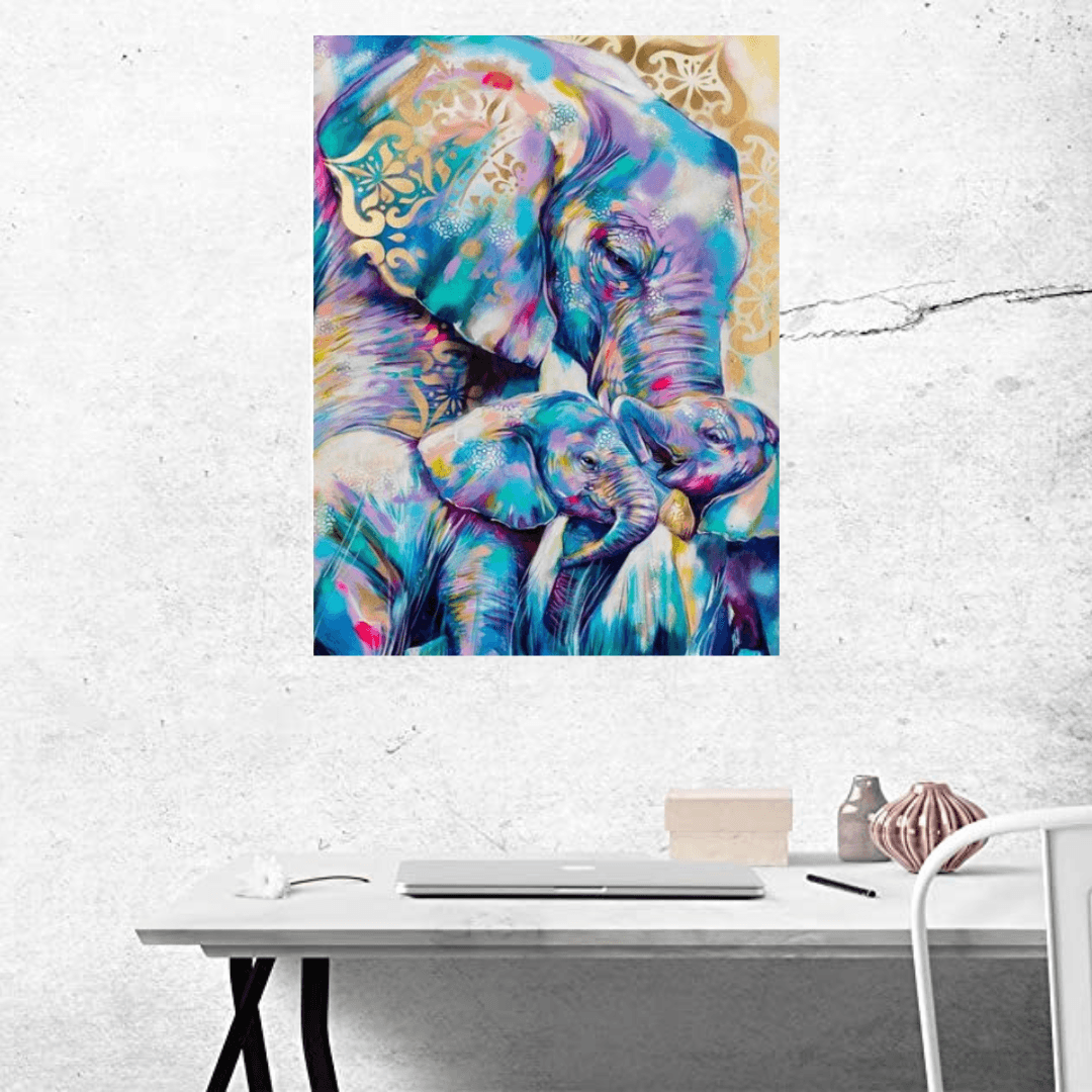 Pinturas con Diamantes Mamá Elefante (40x30) - Pintura Diamante Cuadrada - animales, bordado diamante, decoracion, diamante  cuadrado, diamond painting, elefante, mosaico diamante, mostacilla cuadrada, pintura diamante 