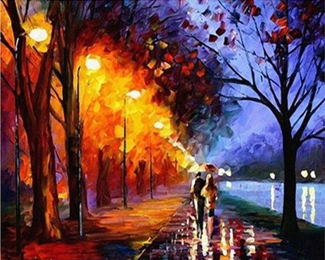 Pinturas con Números Callejón junto al Lago - Pintura Por Número (50x40) - alley by the lake, arboles, callejón junto al lago, caminata, lago, Leonid afremov, Moderno, pareja, paseo, Pintura con Número, pintura por números, rio 