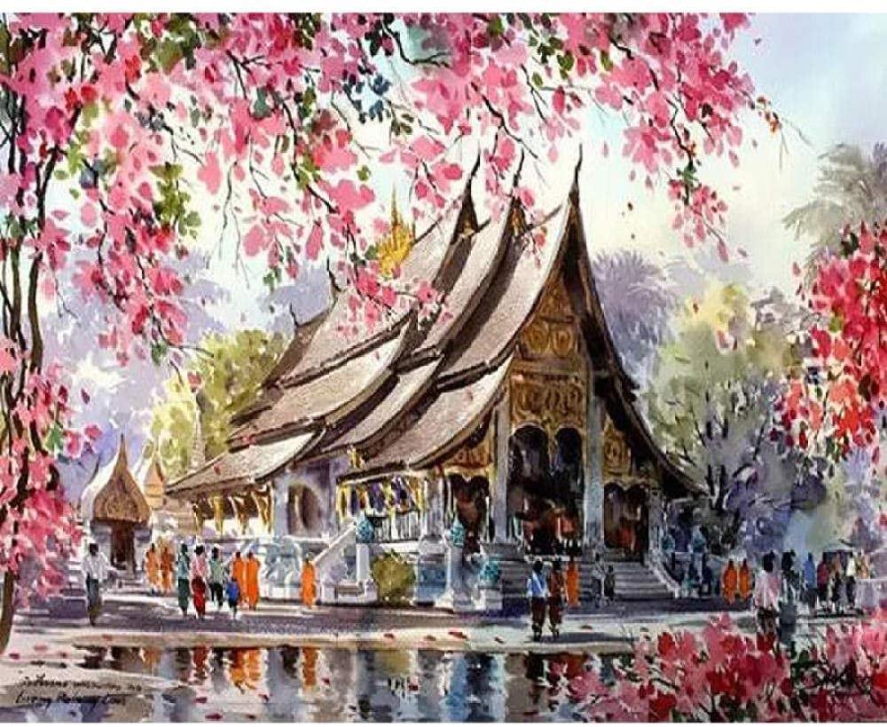 Pinturas con Números Templo Japonés - Pintura Por Número (40x50) - casa, ciruelo, japon, number painting, paisajes, Pintura con Número, pintura por números, templo 