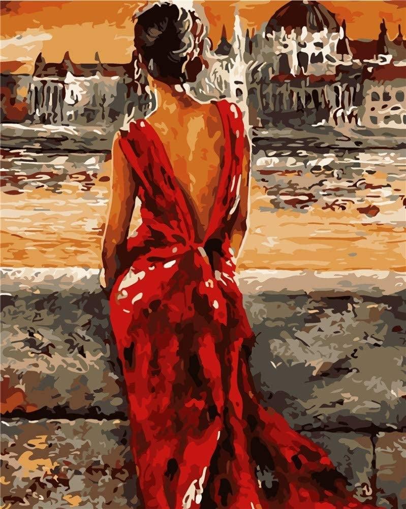 Pinturas con Números Espalda de Mujer - Pintura por Numero (40x50) - espalda, mujeres, Paint By Numbers, Pintura con Número, pintura por números, rojo, venecia, vestido 