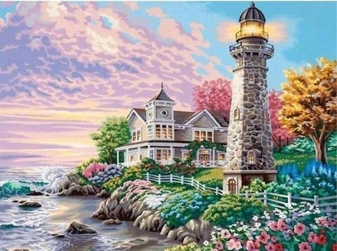 Pinturas con Diamantes Faro (30x40) - Pintura Diamante Cuadrado - Colorido, faro, Flores, mostacilla cuadrada, paisajes, Pintura, rio 