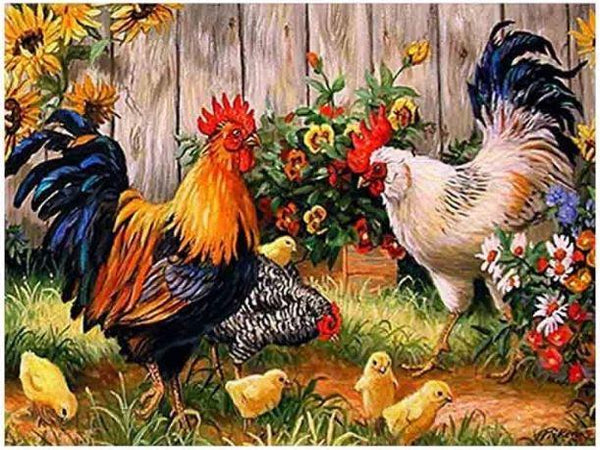 Pinturas con Números Gallos - Pintura Por Número (40x50) - animales, aves, campo, gallina, gallo, Pintura con Número, pollos 