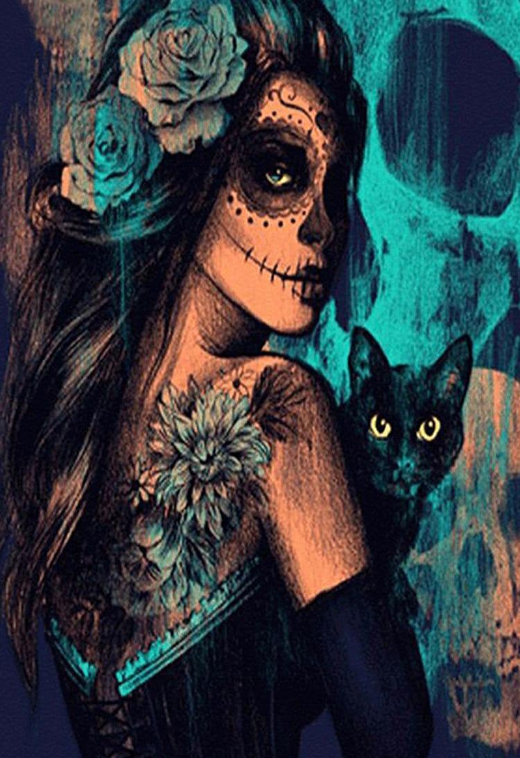 Pinturas con Números Calavera Gótica - Pintura por Numero (50x40) - calavera, gotica, halloween, mujeres, Paint By Numbers, pintura por números 