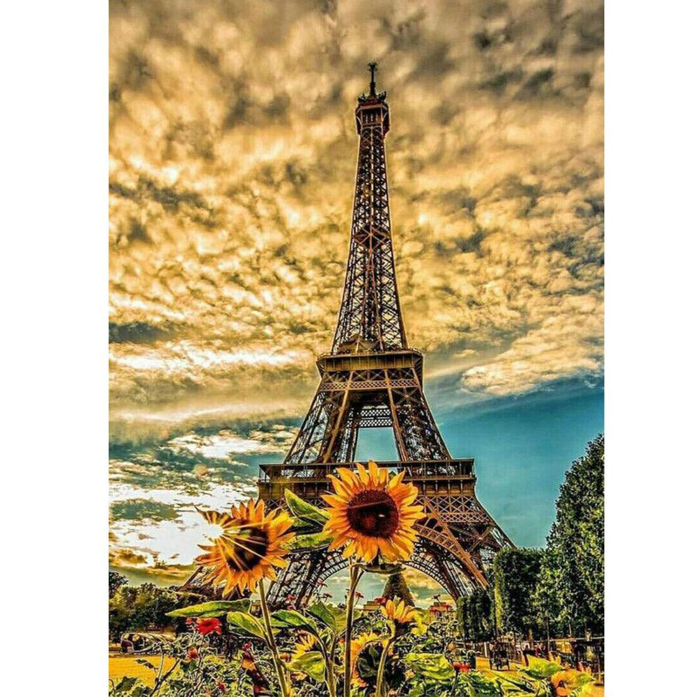 Pinturas con Diamantes El Girasol de la Torre Eiffel (30x40) - Pintura Diamante Cuadrado - atardecer, bordado diamante, Ciudades, diamante  cuadrado, diamond painting, eiffel, flores, girasol, mosaico diamante, mostacilla cuadrada, nubes, paris, pintura diamante 