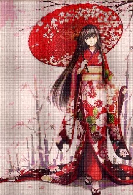 Pinturas con Diamantes Japonesa (30x40) - Pintura Diamante Cuadrado - bordado diamante, DIAMANTE, diamond painting, ELEGANTE, JAPON, JAPONESA, mostacilla cuadrada, mujeres, PARAGUA, VESTIDO 