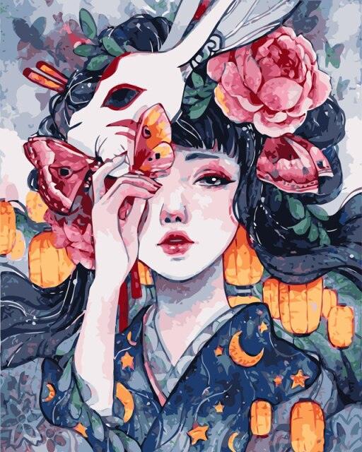 Pinturas con Números Japonesa - Pintura Por Número (40x50) - japonesa, kimono, mujeres, Pintura con Número 