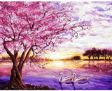 Pinturas con Números Lago de cisnes - Pintura Por Número (40x50) - Animal, Animales, aves, cisnes, lago, otoño, paisaje, Paisajes, Pintura, Pintura con Número, rocas, Romantico, rosa, viento 