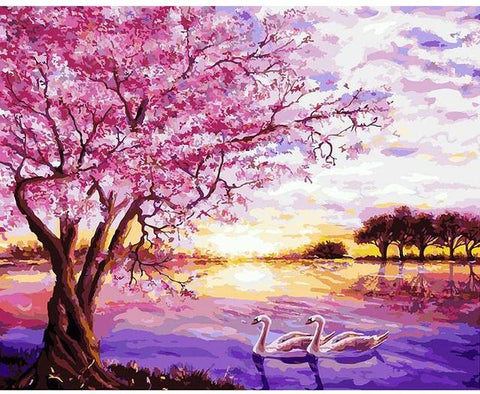 Pinturas con Números Lago de cisnes - Pintura Por Número (40x50) - Animal, Animales, aves, cisnes, lago, otoño, paisaje, Paisajes, Pintura, Pintura con Número, rocas, Romantico, rosa, viento 