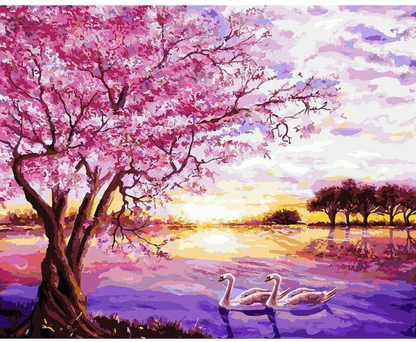 Pinturas con Números Lago de cisnes - Pintura Por Número (40x50) - Animal, Animales, aves, cisnes, lago, otoño, paisaje, Paisajes, Pintura, Pintura con Número, rocas, Romantico, rosa, viento 