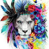 Pinturas con Diamantes León con Flores (30x40) - Pintura Diamante Redondo - ANIMALES, COLORES, corona, flores, Leon, mostacilla redonda, Niños, plumas 