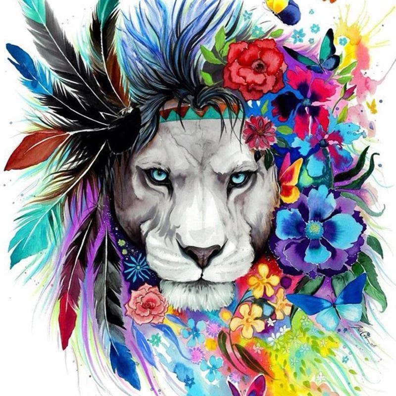 Pinturas con Diamantes León con Flores (30x40) - Pintura Diamante Redondo - ANIMALES, COLORES, corona, flores, Leon, mostacilla redonda, Niños, plumas 
