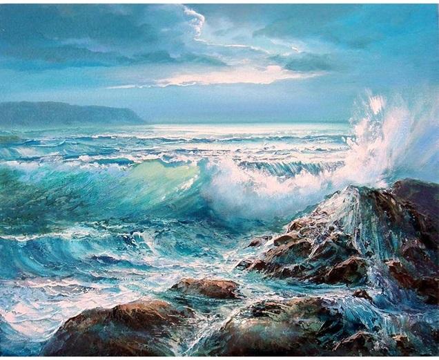 Pinturas con Números Mar y Rocas - Pintura Por Número (50x40) - mar, olas, Paisajes, Pintura con Número, rocas, Romantico, viento 