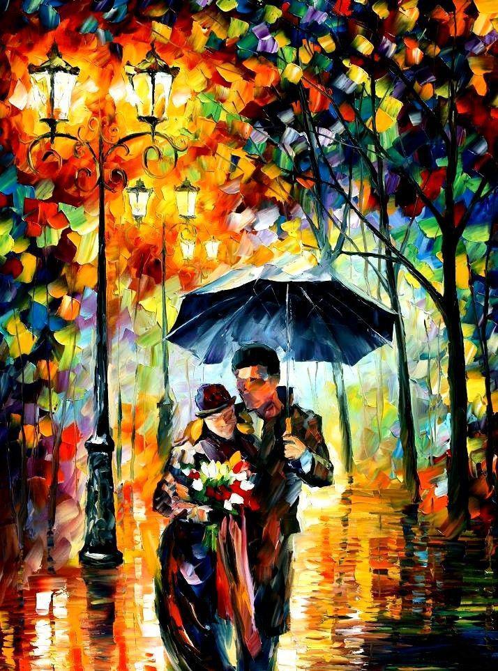 Pinturas con Números Caminata bajo la Tormenta- Pintura por Numero (50x40) - caminata, Leonid afremov, Moderno, Paint By Numbers, paragua, pareja, Pintura con Número, pintura por números 