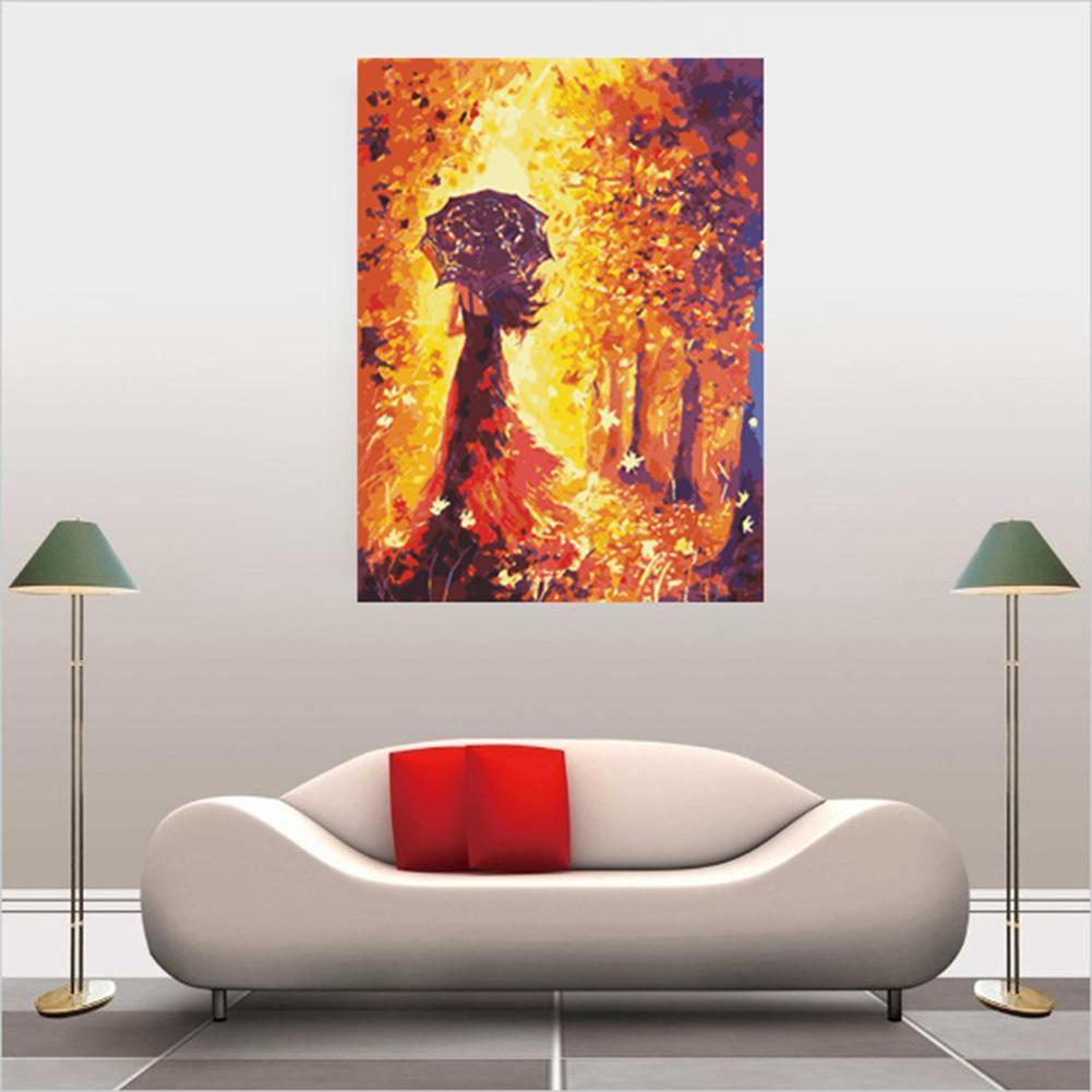 Pinturas con Números Mujer en Otoño - Pintura Por Número - 40x50 - Flores, Hojas, mujeres, number painting, otoño, Paint By Numbers, paragua, Pintura con Número, Romantico 