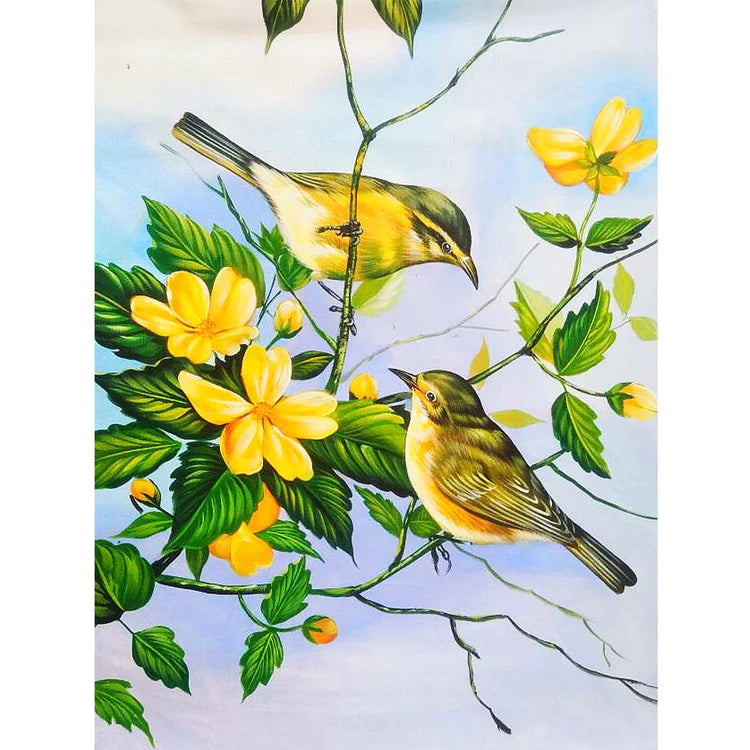 Pinturas con Diamantes Gorriones en Primavera (30x40) - Pintura Diamante Redondo - aves, bordado diamante, Diamante Redondo, diamond painting, Flores, mosaico diamante, mostacilla redonda, naturaleza, pajaro, pintura diamante, Primavera 