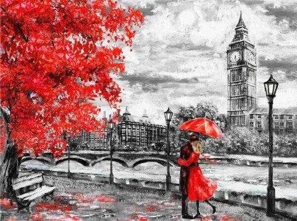 Pinturas con Números Otoño en Londres - Pintura Por Número (50x40) - Ciudades, Londres, Moderno, number painting, otoño, Paint By Numbers, pareja, Pintura, Pintura con Número 