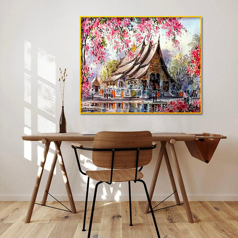 Pinturas con Números Templo Japonés - Pintura Por Número (40x50) - casa, ciruelo, japon, number painting, paisajes, Pintura con Número, pintura por números, templo 