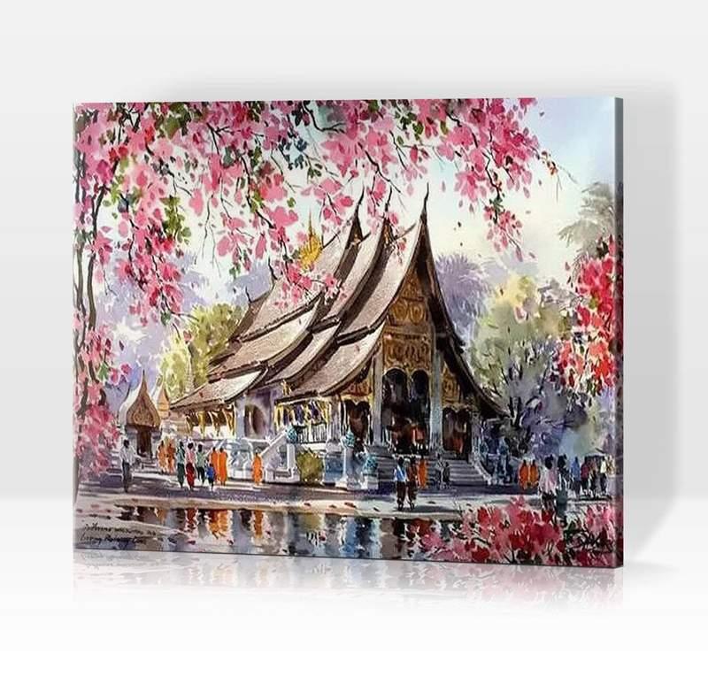 Pinturas con Números Templo Japonés - Pintura Por Número (40x50) - casa, ciruelo, japon, number painting, paisajes, Pintura con Número, pintura por números, templo 