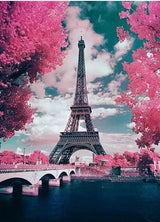 Pinturas con Diamantes Paris en Rosa (30 x 40) - Pintura Diamante Cuadrado - Ciudades, eiffel, mostacilla cuadrada, paris, romantico, torre eiffel 