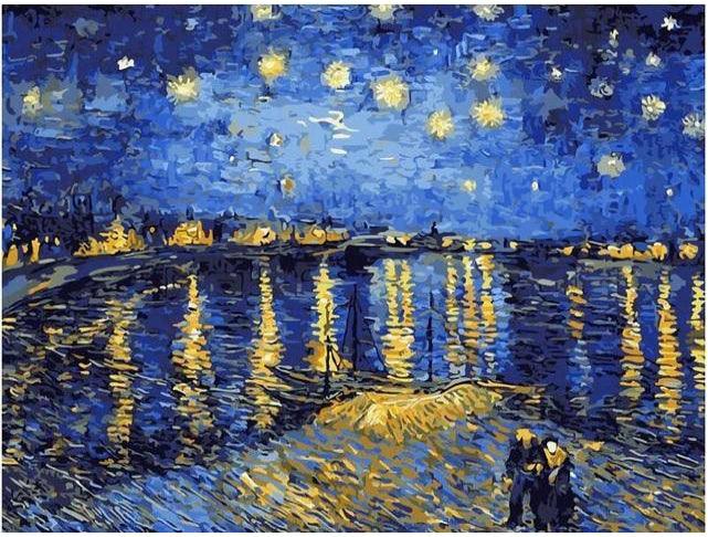 Pinturas con Números Van Gogh & Noche Estrellada sobre el Ródano - Pintura Por Número (40x50) - cuadros famosos, estrellas, la noche estrellada sobre el ródano, noche estrellada, Pintura con Número, rio, rodano, van gogh 