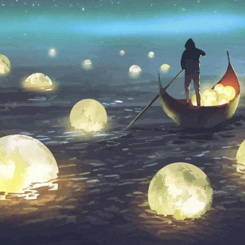 Pinturas con Números Recolector de Lunas - Pintura Por Número (40x50) - atardecer, Colorido, hombre, lunas, Moderno, mujer, Pintura con Número, puesta de sol 