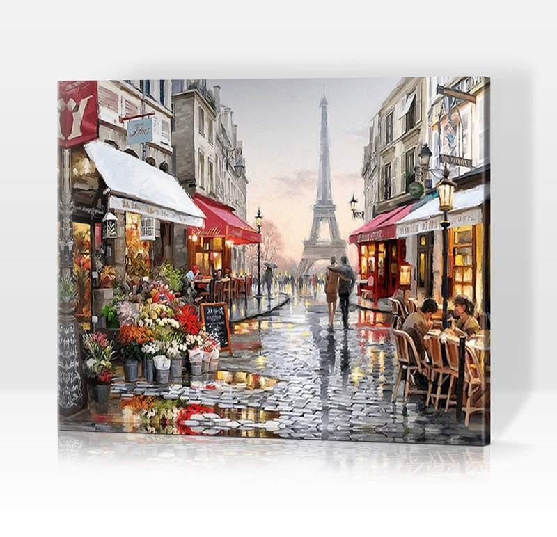Pinturas con Números Calle en París - Pintura por Numero (50x40) - cafeteria, calle, Ciudades, floreria, Paint By Numbers, paris, Pintura con Número, pintura por números 