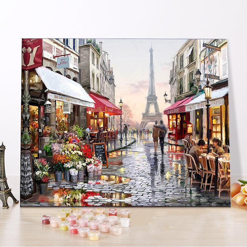 Pinturas con Números Calle en París - Pintura por Numero (50x40) - cafeteria, calle, Ciudades, floreria, Paint By Numbers, paris, Pintura con Número, pintura por números 