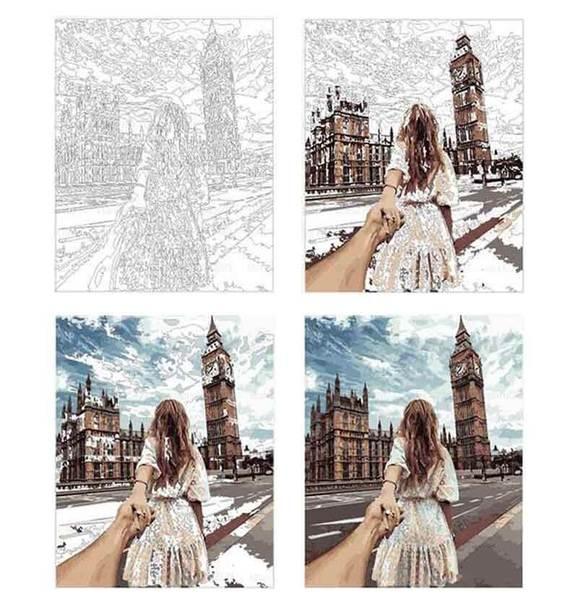 Pinturas con Números De la mano en Londres - Pintura por Numero (50x40) - Ciudades, Londres, mujeres, Paint By Numbers, Parejas, Pintura con Número, pintura por números 