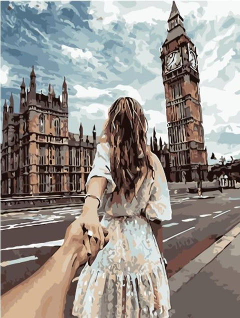 Pinturas con Números De la mano en Londres - Pintura por Numero (50x40) - Ciudades, Londres, mujeres, Paint By Numbers, Parejas, Pintura con Número, pintura por números 