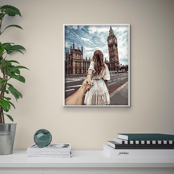 Pinturas con Números De la mano en Londres - Pintura por Numero (50x40) - Ciudades, Londres, mujeres, Paint By Numbers, Parejas, Pintura con Número, pintura por números 